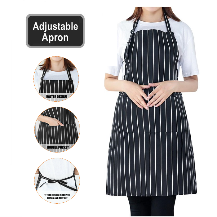 Buy Adjustable Kitchen Bib Apron Stripe With Pockets Unisex Chef Apron ...